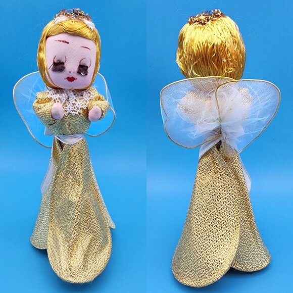 1960s Gold Stockinette Angel Tree Toppers Pair Rhinestone Tears Tulle Wings Gold - Picture 8 of 10